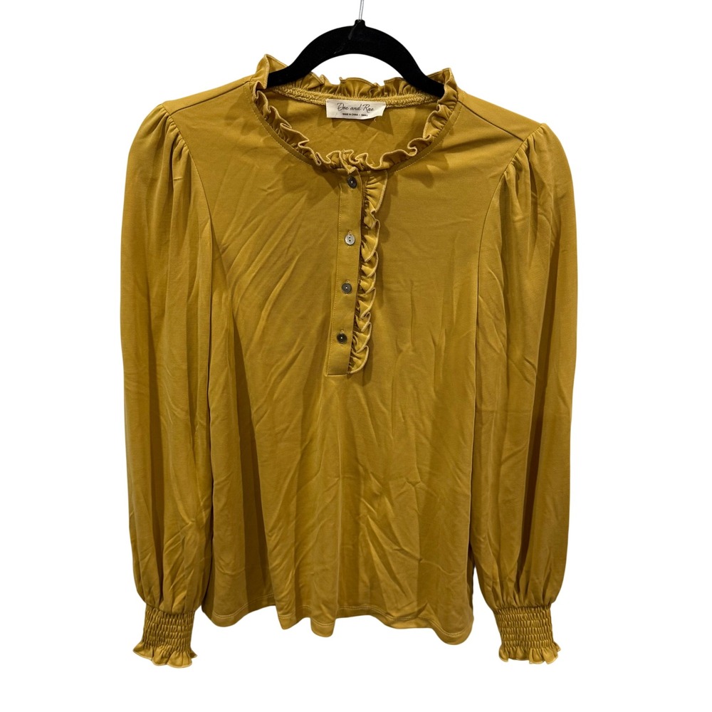 Doe and Rae Mustard Yellow Ruffle Mock Neck Smocked Cuff Top Small 10294J